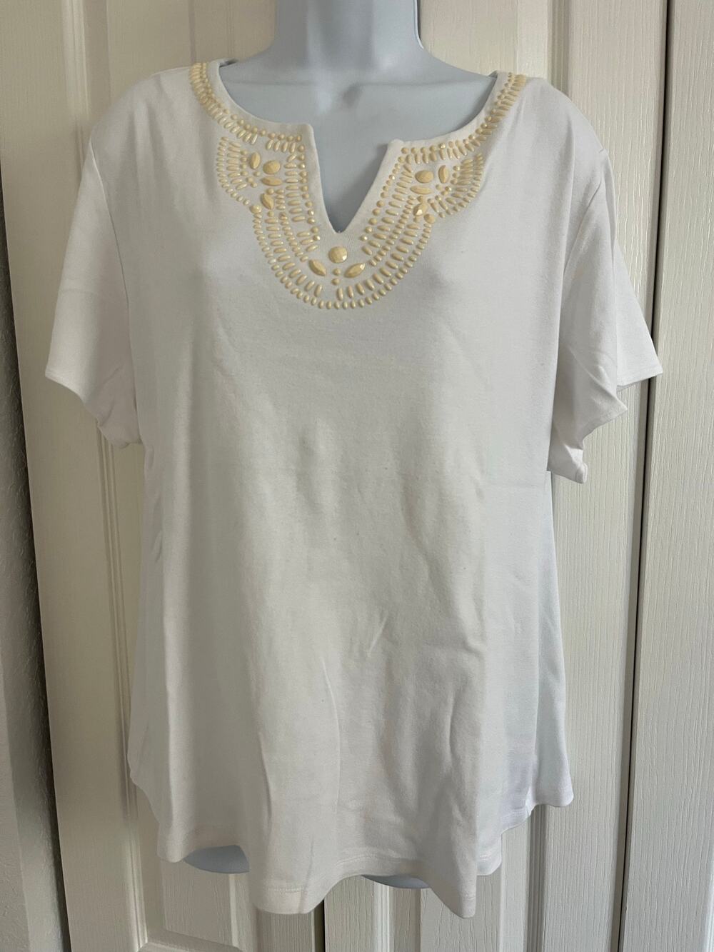Karen Scott XXL White 100% Cotton Embellished Split-Neck Tunic Top